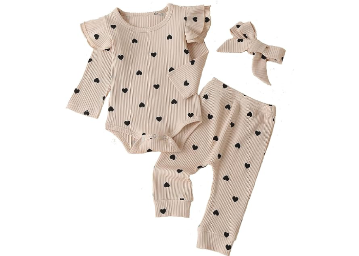 Fullfamous Baby Girl's 3pc Rib Frill Long Sleeve Romper and Pant Set - Image 3