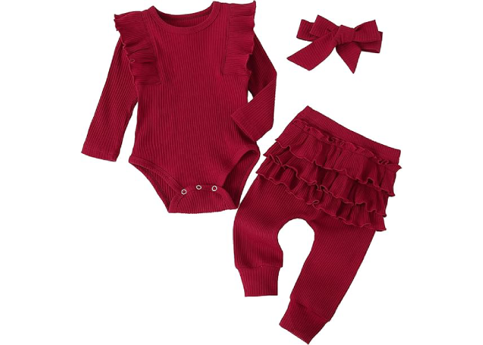 Fullfamous Baby Girl's 3pc Rib Frill Long Sleeve Romper and Pant Set - Image 2