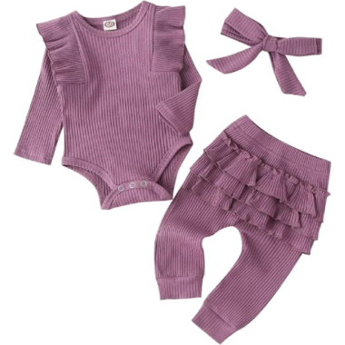 Fullfamous Baby Girl's 3pc Rib Frill Long Sleeve Romper and Pant Set