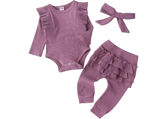 Fullfamous Baby Girl's 3pc Rib Frill Long Sleeve Romper and Pant Set